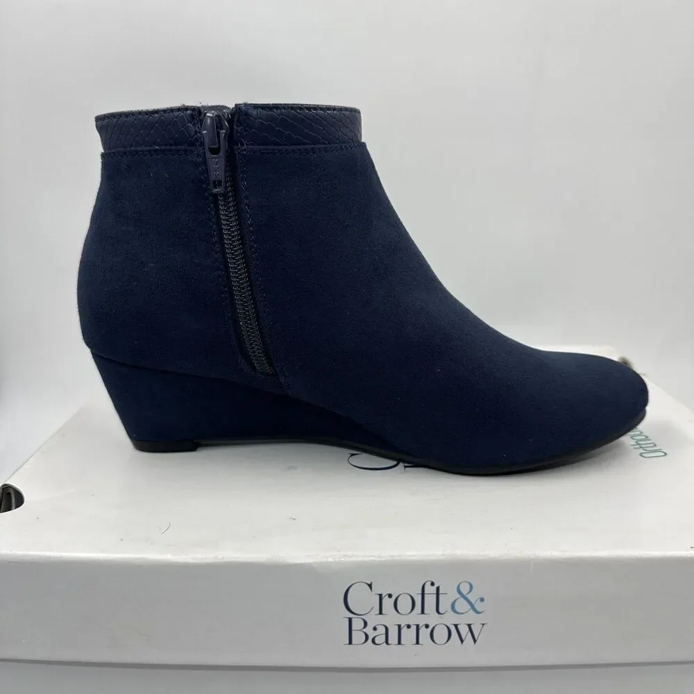 Croft & Barrow Boots Womens 7.5 Ocelote Ankle Ortholite Booties Blue Suede Wedge